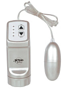 Серебристое виброяйцо с пультом управления на проводе фото в интим магазине Love Boat