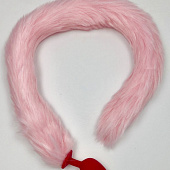 Красная силиконовая анальная пробка с розовым хвостиком - размер S