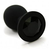 Черная силиконовая анальная пробка с черным стразом - 8 см.