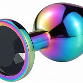 Разноцветная гладкая анальная пробка с черным кристаллом - 8 см.