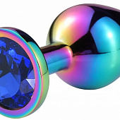 Разноцветная гладкая анальная пробка с синим кристаллом - 9,5 см.