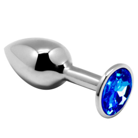 Серебристая анальная втулка с синим кристаллом Mini Metal Butt L - 9 см. фото в интим магазине Love Boat