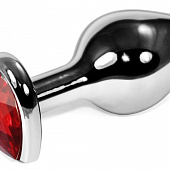 Серебристая коническая анальная пробка с красным кристаллом-сердцем - 8 см.