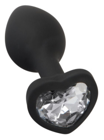Черная силиконовая анальная пробка с прозрачным стразом-сердечком - 7,3 см. фото в интим магазине Love Boat