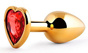 Золотистая анальная пробка с красным стразом-сердечком - 7 см. фото в интим магазине Love Boat