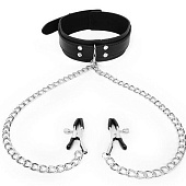 Черный ошейник с зажимами на соски на цепочке