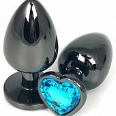Черная металлическая анальная пробка с голубым стразом-сердечком - 9 см.