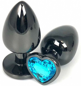 Черная металлическая анальная пробка с голубым стразом-сердечком - 9 см. фото в интим магазине Love Boat