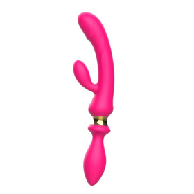 Розовый двусторонний вибромассажёр с клиторальным отростком - 30 см. фото в интим магазине Love Boat