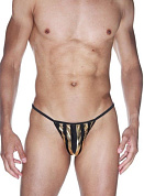 Мужские трусы-стринги из черной ткани в широкую золотую полоску фото в интим магазине Love Boat