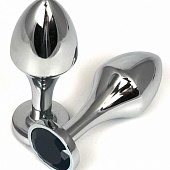 Серебристая анальная пробка на удлиненной ножке с черным кристаллом - 9 см.