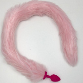 Розовая силиконовая анальная пробка с розовым хвостиком - размер S 