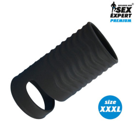 Черная открытая насадка на пенис с кольцом для мошонки XXXL-size - 9,9 см. фото в интим магазине Love Boat
