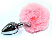 Серебристая округлая анальная пробка с заячьим хвостиком розового цвета - 11,5 см. фото в интим магазине Love Boat
