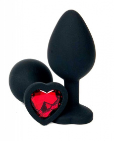 Черная силиконовая пробка с красным кристаллом-сердцем - 8,5 см.