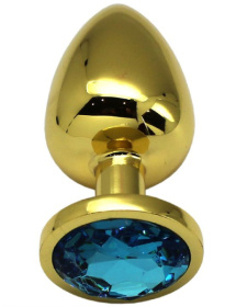 
Золотистая анальная пробка с голубым кристаллом - 9 см. фото в интим магазине Love Boat