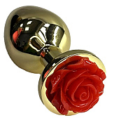 Золотистая анальная пробка с ограничителем в форме красной розы - 9 см. фото в интим магазине Love Boat