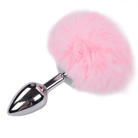 Серебристая анальная втулка с розовым хвостиком Alive Metal Anal Fluffly Plug S фото в интим магазине Love Boat