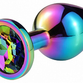 Разноцветная гладкая анальная пробка с радужным кристаллом - 9,5 см.