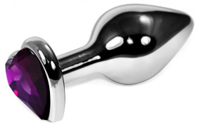 Серебристая анальная пробка с фиолетовым кристаллом-сердечком - 9 см. фото в интим магазине Love Boat