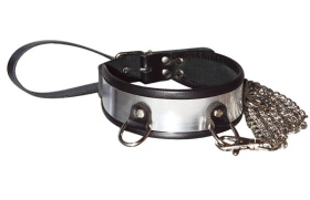 
Стильный ошейник с металлическим блеском и поводком фото в интим магазине Love Boat