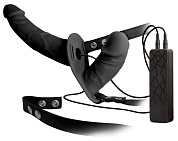 Чёрный вибрострапон с вагинальной пробкой Double Thruster - 17 см. фото в интим магазине Love Boat