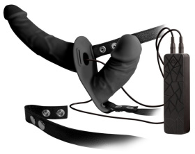 Чёрный вибрострапон с вагинальной пробкой Double Thruster - 17 см. фото в интим магазине Love Boat