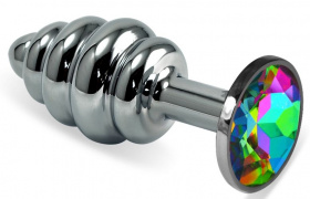 Серебристая ребристая анальная пробка с разноцветным кристаллом - 6 см. фото в интим магазине Love Boat