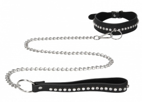
Черный ошейник с поводком Diamond Studded Collar With Leash фото в интим магазине Love Boat