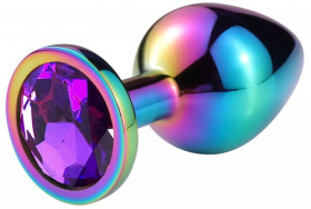 Разноцветная гладкая анальная пробка с фиолетовым кристаллом - 9,5 см. фото в интим магазине Love Boat