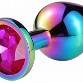 Разноцветная гладкая анальная пробка с розовым кристаллом - 9,5 см.