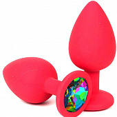 Красная силиконовая анальная пробка с разноцветным стразом - 10,5 см.