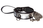 
Стильный ошейник с металлическим блеском и поводком фото в интим магазине Love Boat