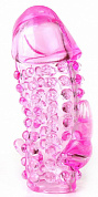 Розовая насадка со стимуляторами ануса и клитора - 12,5 см.