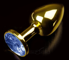 
Золотистая анальная втулка с синим стразом - 7 см. фото в интим магазине Love Boat