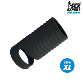 Черная открытая насадка на пенис с кольцом для мошонки XL-size - 8,9 см. фото в интим магазине Love Boat