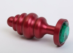 
Красная ребристая анальная пробка с зеленым стразом - 7,3 см. фото в интим магазине Love Boat