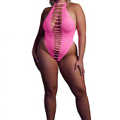 Розовое неоновое боди +size с имитацией шнуровки