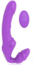 Фиолетовый безремневой страпон с 9 режимами вибрации и пультом ДУ фото в интим магазине Love Boat