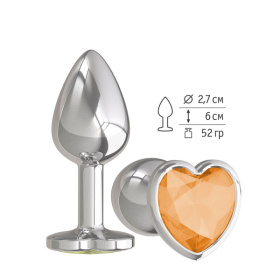 Серебристая анальная втулка с оранжевым кристаллом-сердцем - 7 см. фото в интим магазине Love Boat