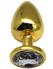 
Золотистая анальная пробка с прозрачным кристаллом - 9 см. фото в интим магазине Love Boat