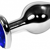 Серебристая анальная пробка с синим кристаллом-сердечком - 9 см.