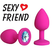 Розовая конусовидная анальная пробка с голубым кристаллом - 7,3 см.