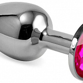 Серебристая гладкая анальная пробка с розовым кристаллом - 5,5 см.