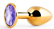 Золотистая анальная пробка с фиолетовым стразом - 7,2 см. фото в интим магазине Love Boat