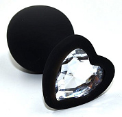 Черная анальная силиконовая пробка с прозрачным кристаллом в форме сердца - 8,8 см. фото в интим магазине Love Boat