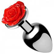 Серебристая анальная пробка с розой Red Rose Butt Plug - 8 см. фото в интим магазине Love Boat