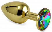 Золотистая анальная пробка с разноцветным кристаллом - 5,5 см.