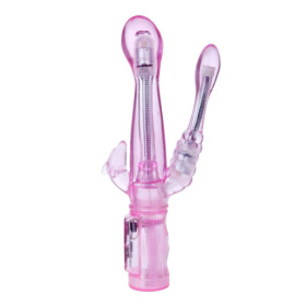 Розовый вибратор с анальным и клиторальным отростками Intimate Tease - 22 см. фото в интим магазине Love Boat