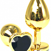 Золотистая анальная пробка с черным кристаллом-сердцем - 7 см.